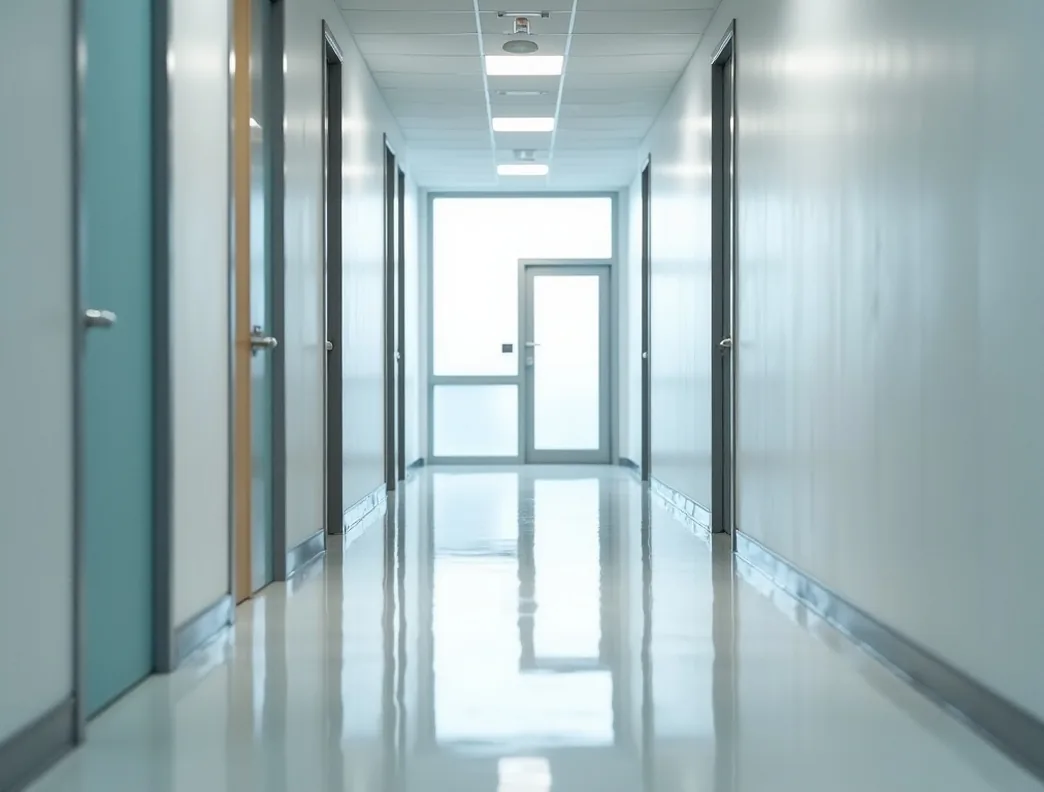 Spotless office hallway with gleaming floor after professional cleaning
